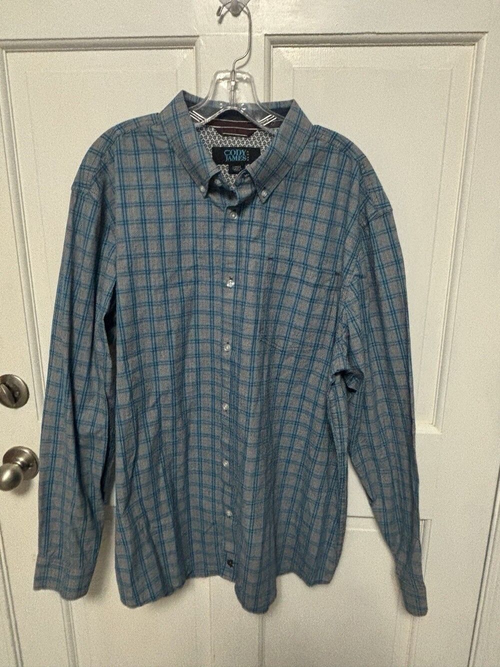 Men’s Cody James Core Blue Purple Plaid Button Down Shirt L Western Stretch